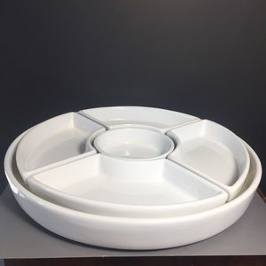 White separated hors d’oeuvre ceramic appetizer tray fruit vegetables